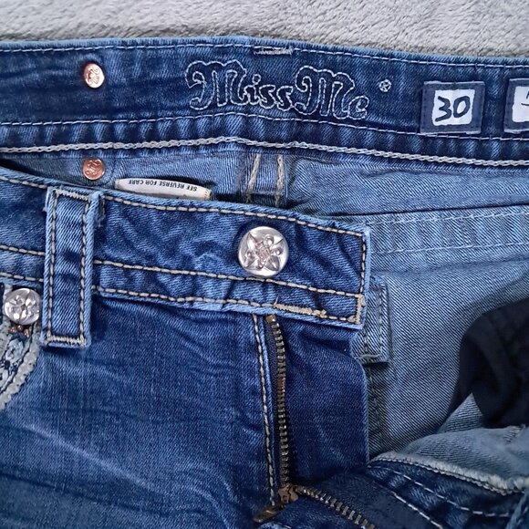 Miss Me Jean Womens 31x28, Tag 30x32 Blue Denim Bootcut Embellished Hemmed Up - Picture 7 of 16